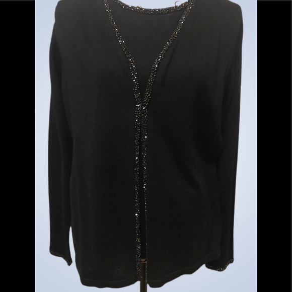 Dazzling long sleeve cardigan with beaded trim, twin set. Black beading accent - Picture 6 of 12